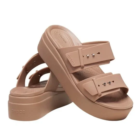 Crocs Brooklyn Buckle Wedges Latte Lightweight Comfort Sandals Size 9 New - Picture 2 of 11